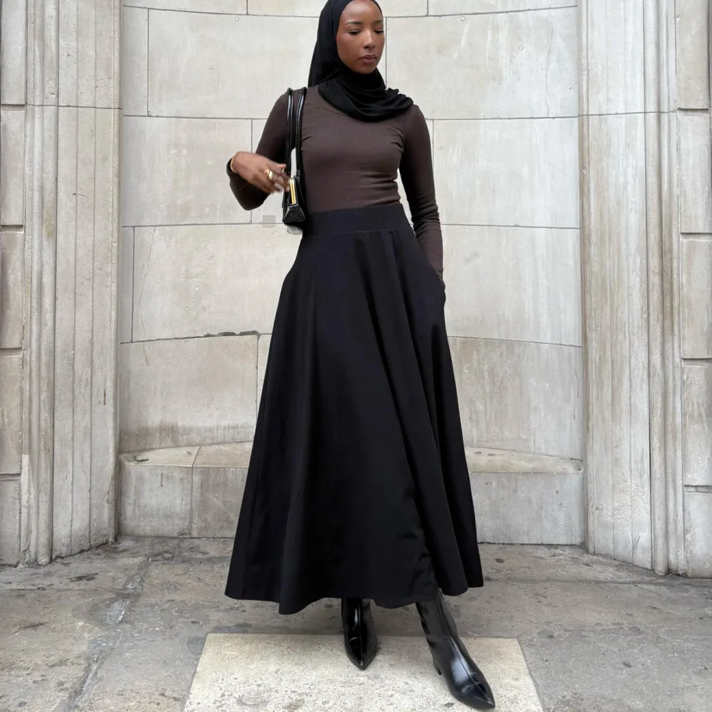 Cotton Jersey Maxi A-Line Skirt - Black