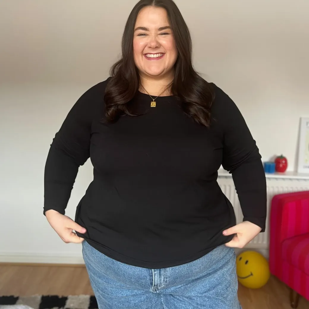 Cotton Long Sleeve Crew Neck Top - Black