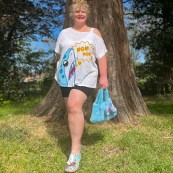Debbie Off-Shoulder Tee - NOM-NOM Shark Print