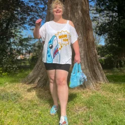 Debbie Off-Shoulder Tee - NOM-NOM Shark Print
