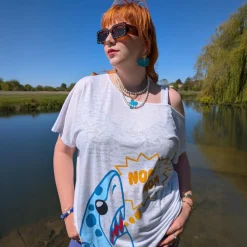 Debbie Off-Shoulder Tee - NOM-NOM Shark Print