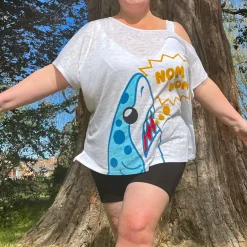Debbie Off-Shoulder Tee - NOM-NOM Shark Print