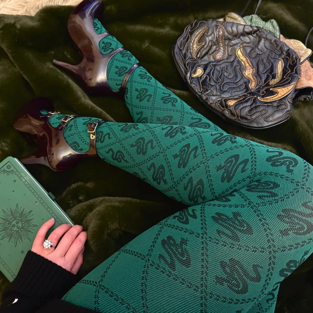 80 Denier Opaque Tights - Corra Snakes - Foliage Green