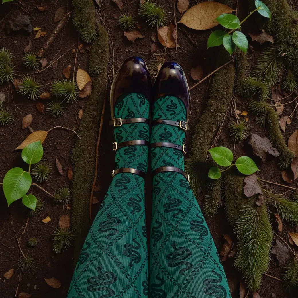 80 Denier Opaque Tights - Corra Snakes - Foliage Green