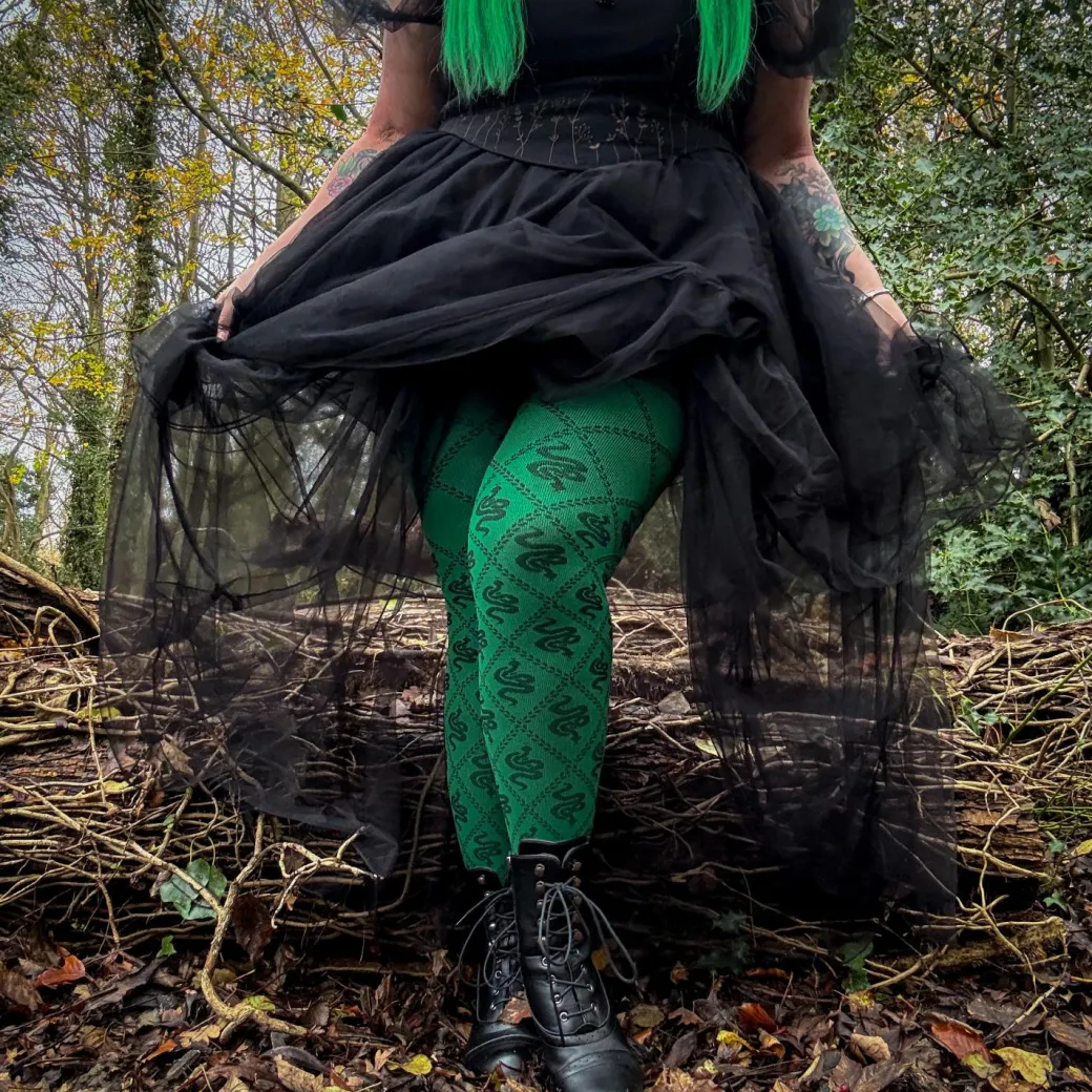 80 Denier Opaque Tights - Corra Snakes - Foliage Green