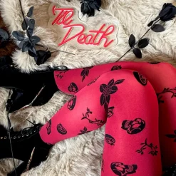 80 Denier Opaque Tights - Danu Skull Flower - Blood Red