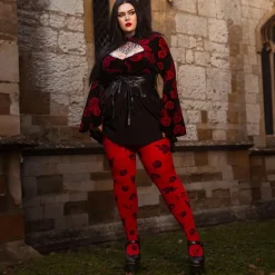 80 Denier Opaque Tights - Danu Skull Flower - Blood Red