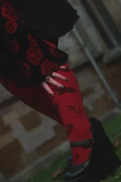 80 Denier Opaque Tights - Danu Skull Flower - Blood Red