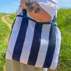 2-in-1 Beach Towel Bag - Navy and White Stripe