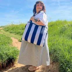 2-in-1 Beach Towel Bag - Navy and White Stripe
