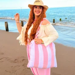 2-in-1 Beach Towel Bag - Pink and White Stripe