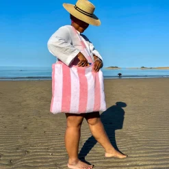 2-in-1 Beach Towel Bag - Pink and White Stripe