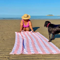 2-in-1 Beach Towel Bag - Pink and White Stripe