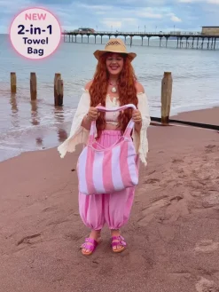 2-in-1 Beach Towel Bag - Pink and White Stripe