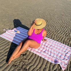 2-in-1 Beach Towel Bag - Pink and White Stripe