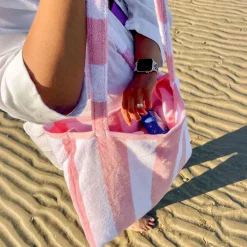 2-in-1 Beach Towel Bag - Pink and White Stripe