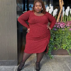 Lurex Long Sleeve Dress - Bordeaux