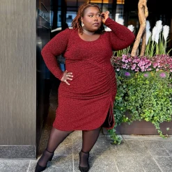 Lurex Long Sleeve Dress - Bordeaux