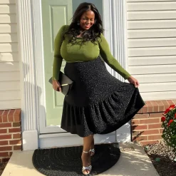 Lurex Tiered Midi Skirt - Black