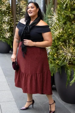 Lurex Tiered Midi Skirt - Bordeaux