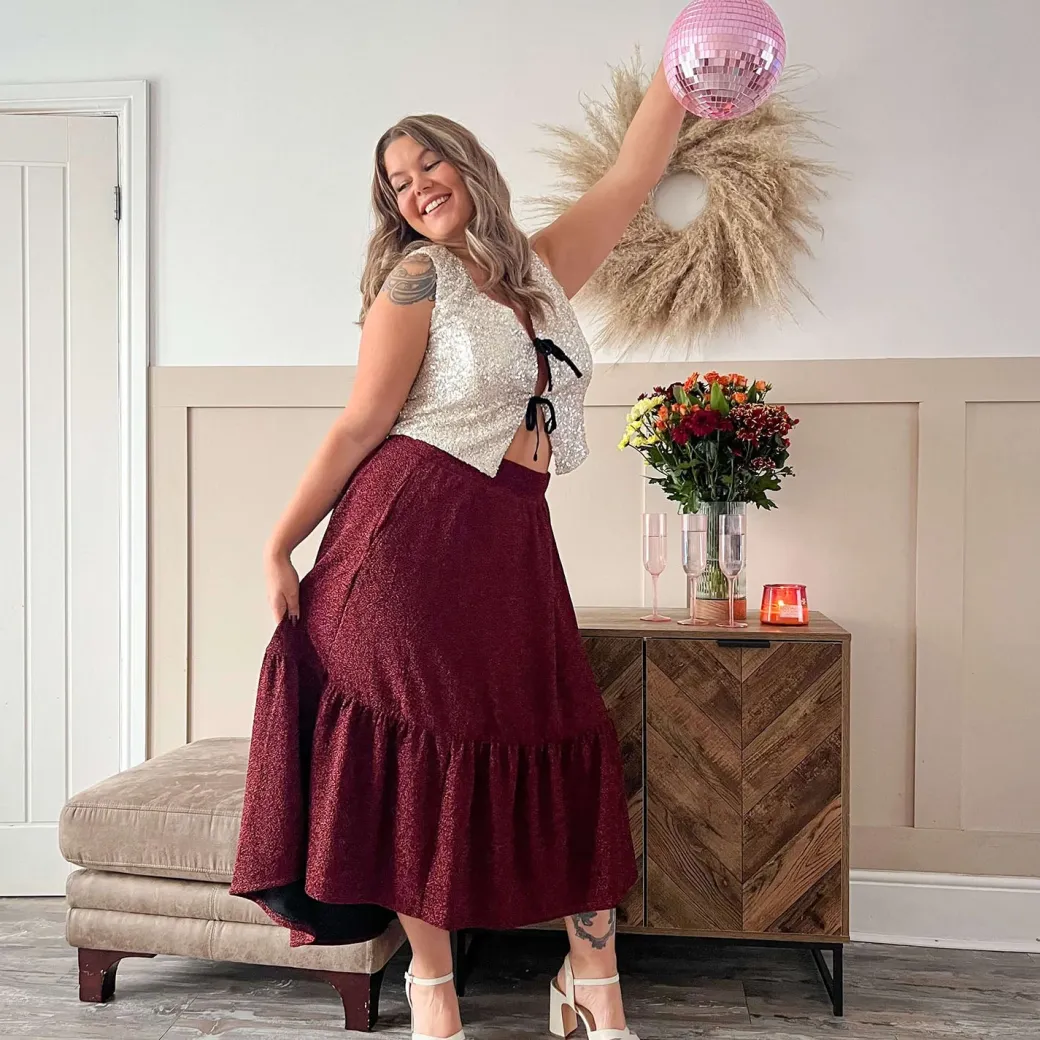 Lurex Tiered Midi Skirt - Bordeaux