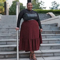 Lurex Tiered Midi Skirt - Bordeaux