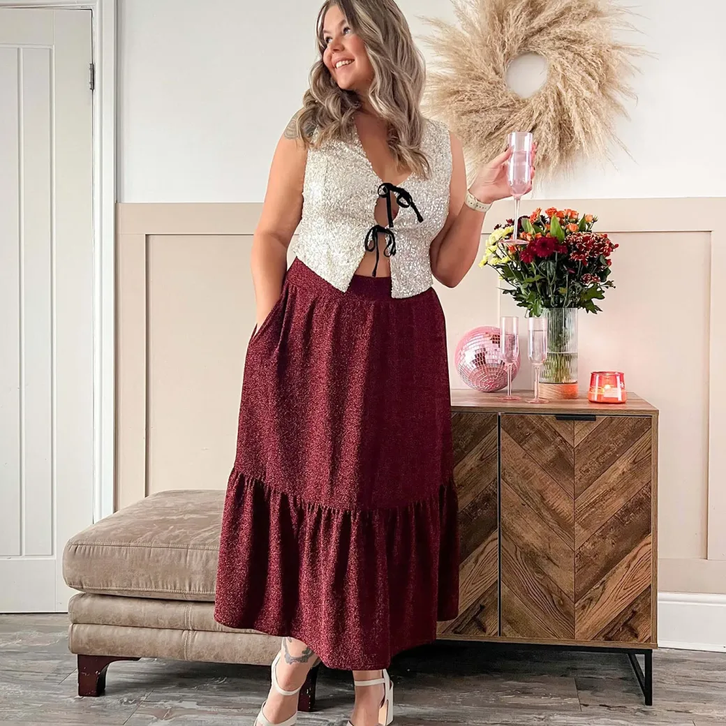 Lurex Tiered Midi Skirt - Bordeaux