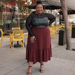 Lurex Tiered Midi Skirt - Bordeaux