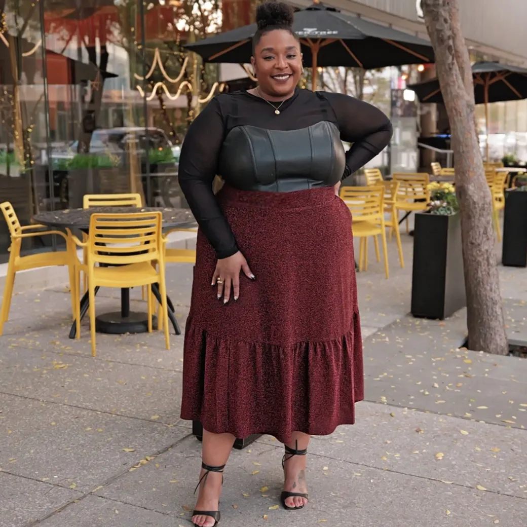 Lurex Tiered Midi Skirt - Bordeaux
