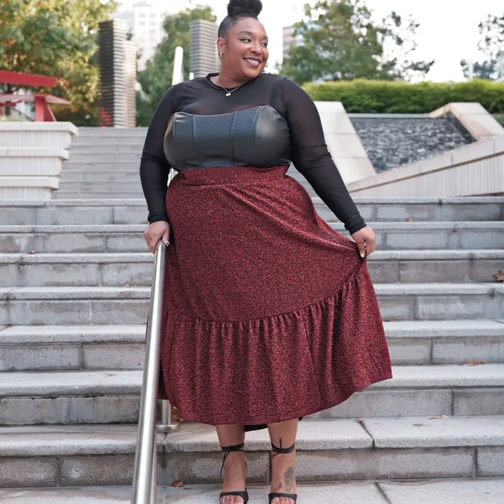 Lurex Tiered Midi Skirt - Bordeaux