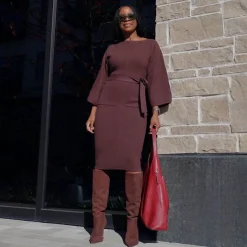 Midi Knitted Cocoon Dress - Hot Chocolate