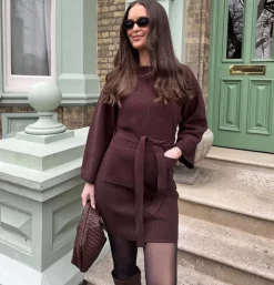 Mini Knitted Cocoon Dress - Hot Chocolate