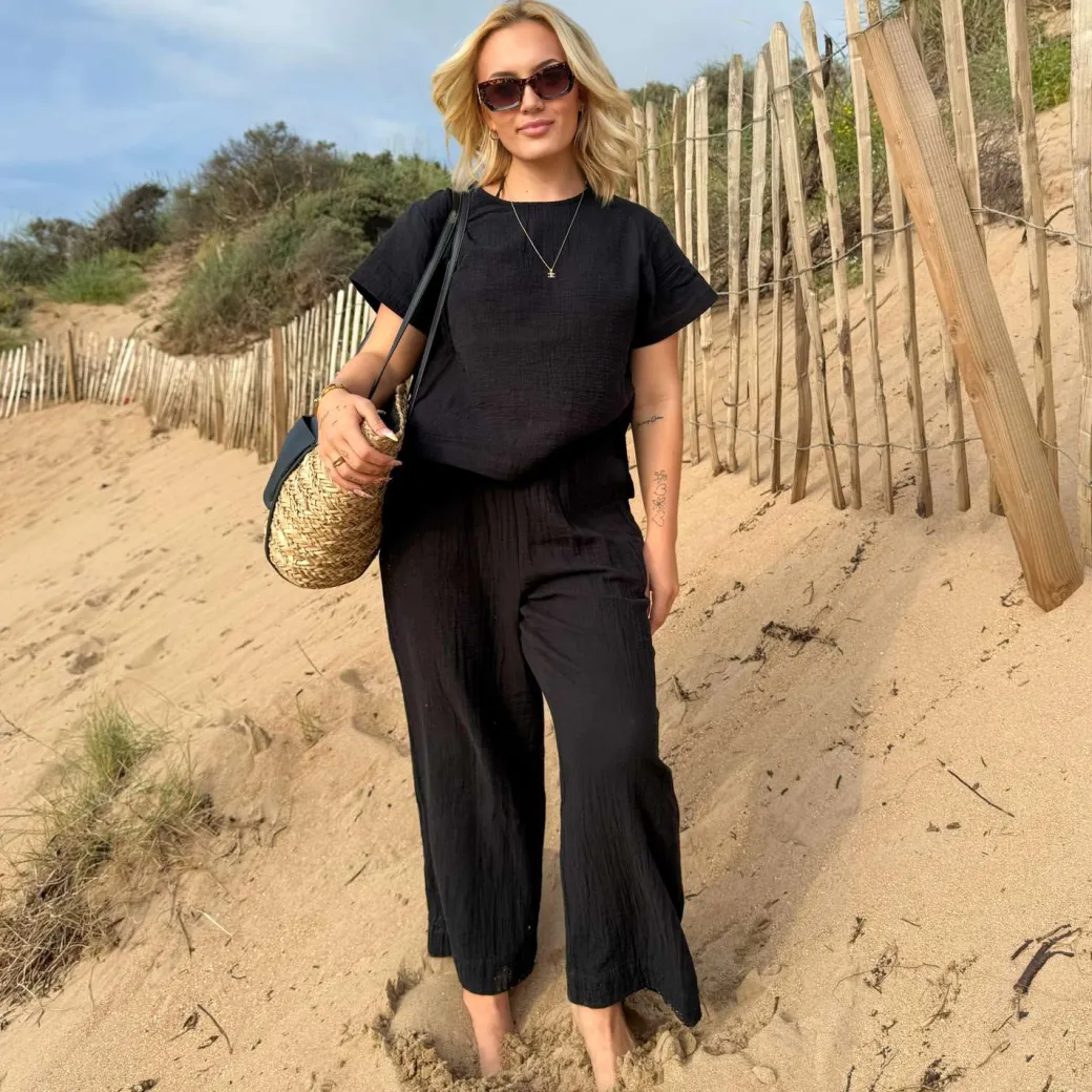 Noor Cotton Gauze Wide-Leg Trousers - Black