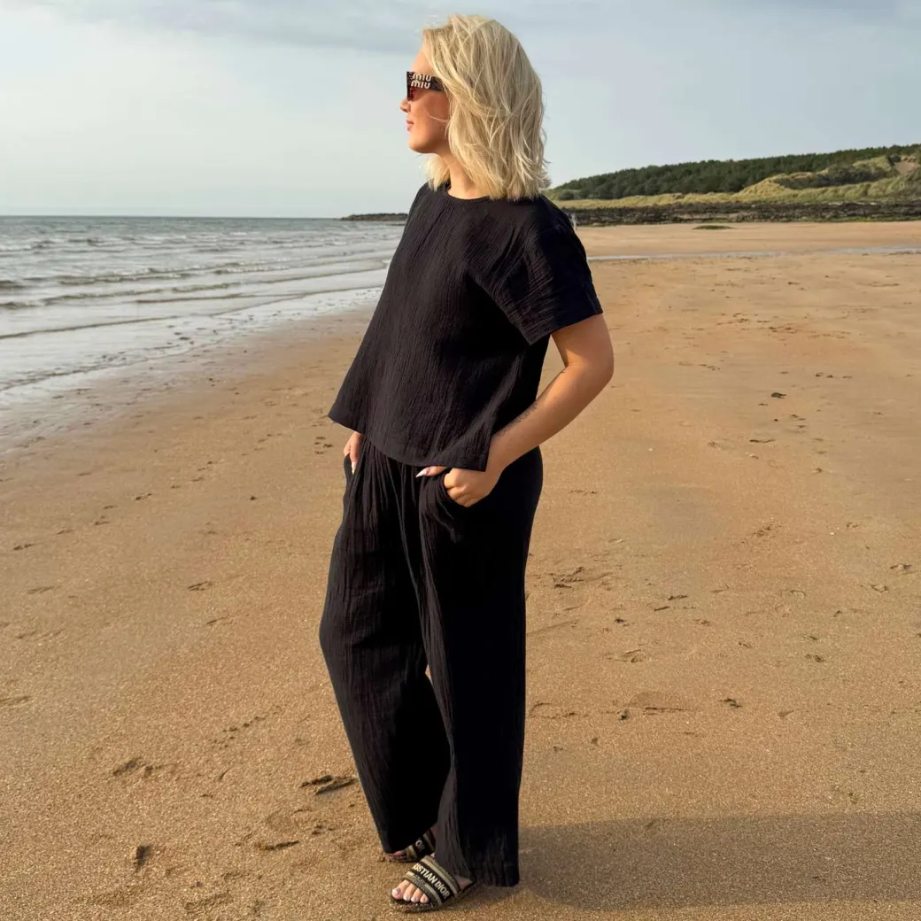 Noor Cotton Gauze Wide-Leg Trousers - Black