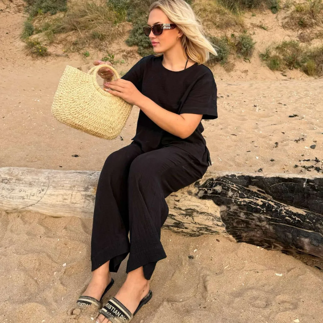 Noor Cotton Gauze Wide-Leg Trousers - Black