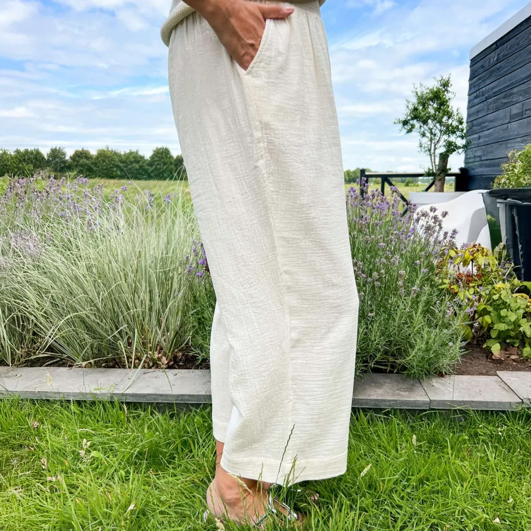Noor Cotton Gauze Wide-Leg Trousers - Cream