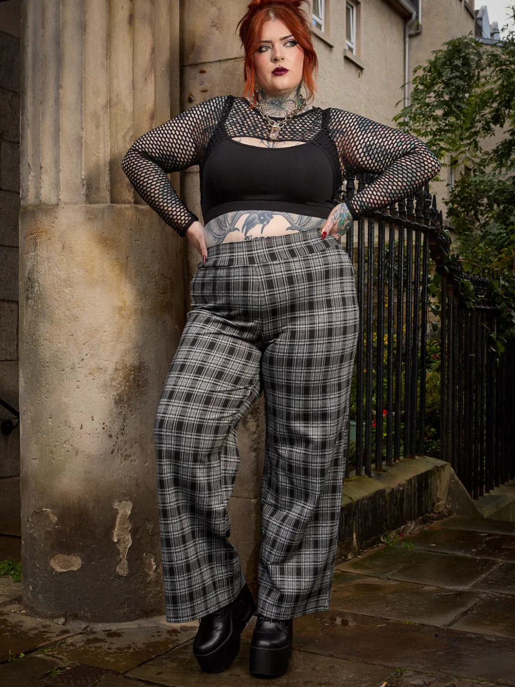 Plaid Wide-Leg Trousers - Black & Grey