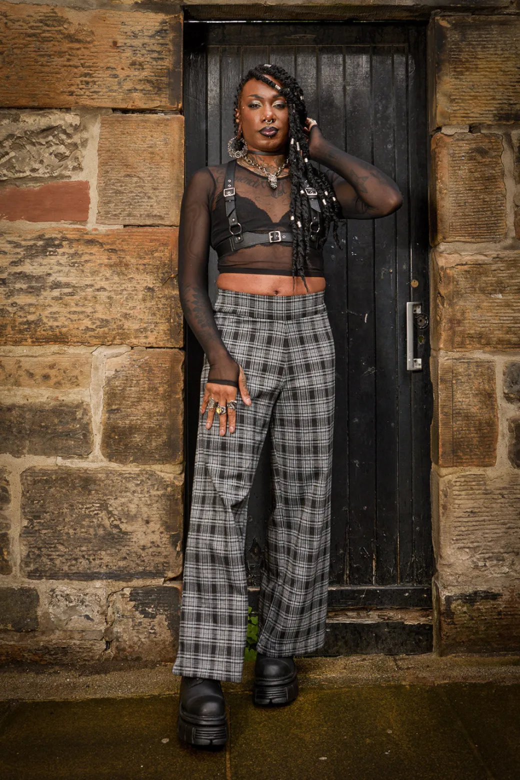 Plaid Wide-Leg Trousers - Black & Grey