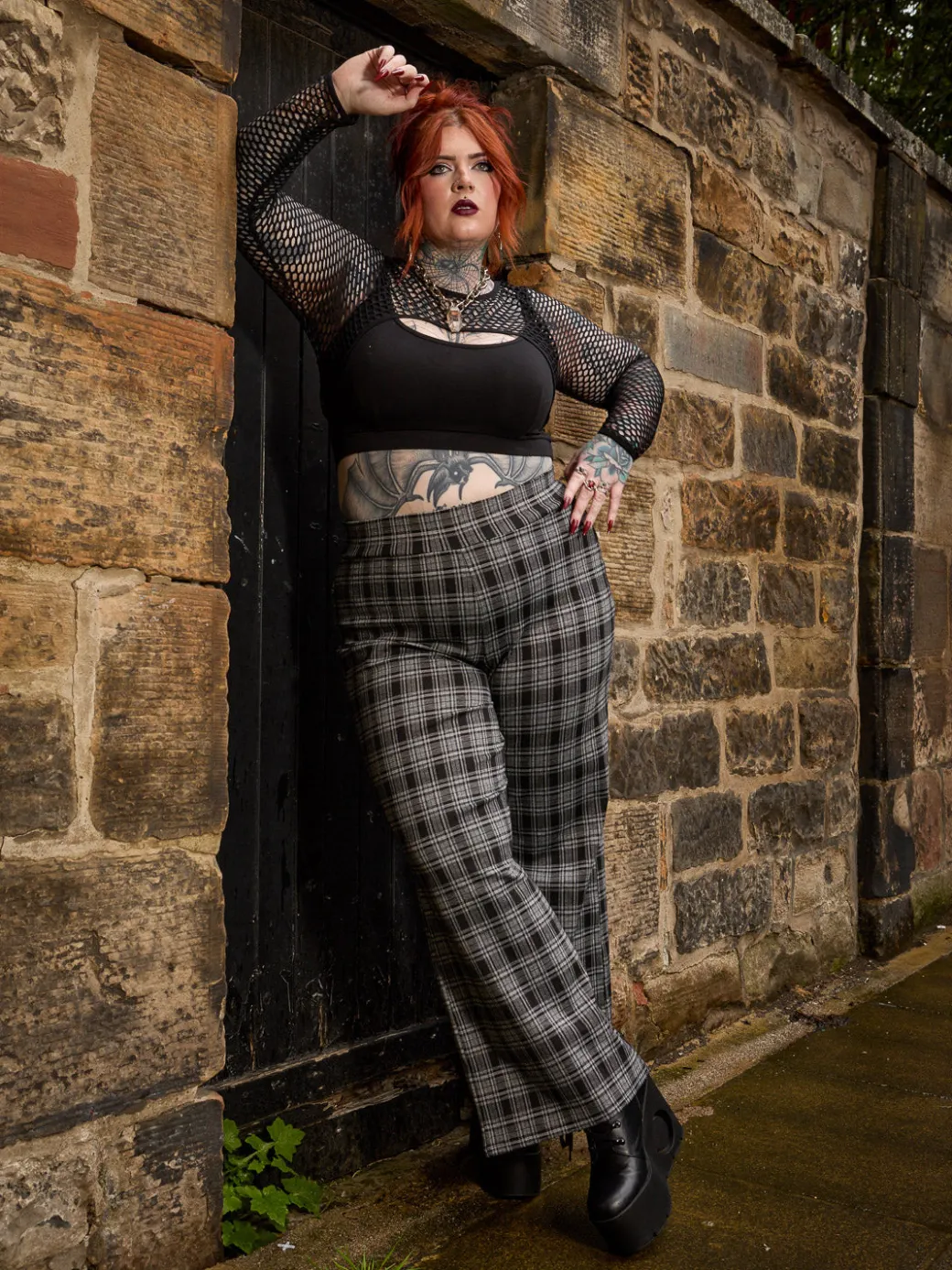 Plaid Wide-Leg Trousers - Black & Grey