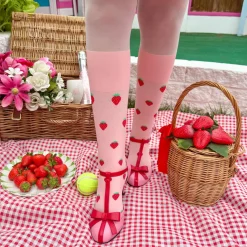 Strawberry Mock Sock Tights - Pink