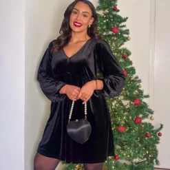 Velvet Baby Doll Dress - Black