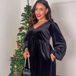 Velvet Baby Doll Dress - Black