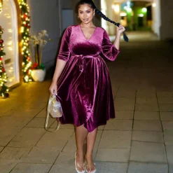 Velvet Wrap Dress - Cherry