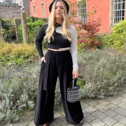 Wide Leg Cord Tailored Trousers - Black