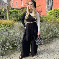 Wide Leg Cord Tailored Trousers - Black