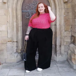 Wide Leg Cord Tailored Trousers - Black