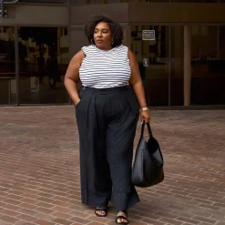 Wide Leg Pinstripe Tailored Trousers - Black