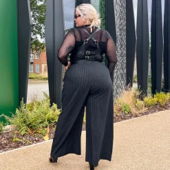 Wide Leg Pinstripe Tailored Trousers - Black