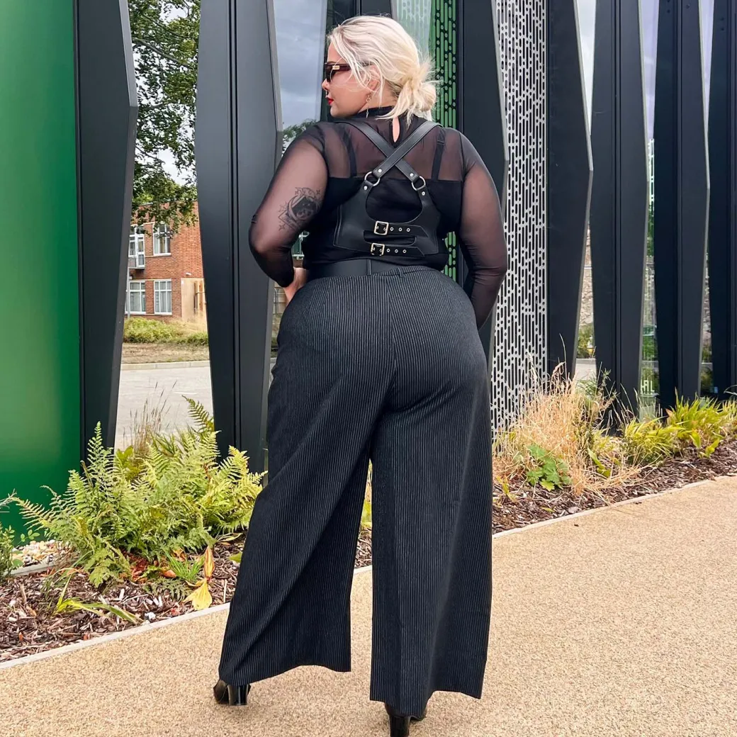 Wide Leg Pinstripe Tailored Trousers - Black