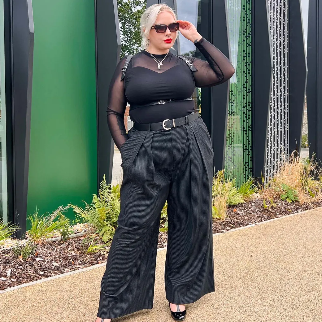 Wide Leg Pinstripe Tailored Trousers - Black